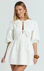 Shailene Mini Dress - Tie Front Puff Sleeve Recycled Denim Dress in Ecru