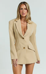 Shelley Mini Dress - Collared Double Breasted Blazer Dress in Beige