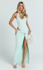 Solara Bodysuit - Deep V Halter Neck Tie Back Asymmetric Leg Bodysuit in Mint