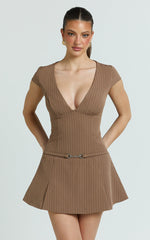 Steph Mini Dress - V Neck Cap Sleeve Pleat Skirt Dress in Chocolate