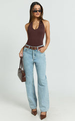 Suzanna Bodysuit - V Neck Halter Bodysuit in Chocolate