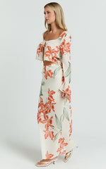 Sybil Two Piece Top and Skirt Set - Abstract Floral Tie Top and Maxi Skirt Set in Vintage Orchid