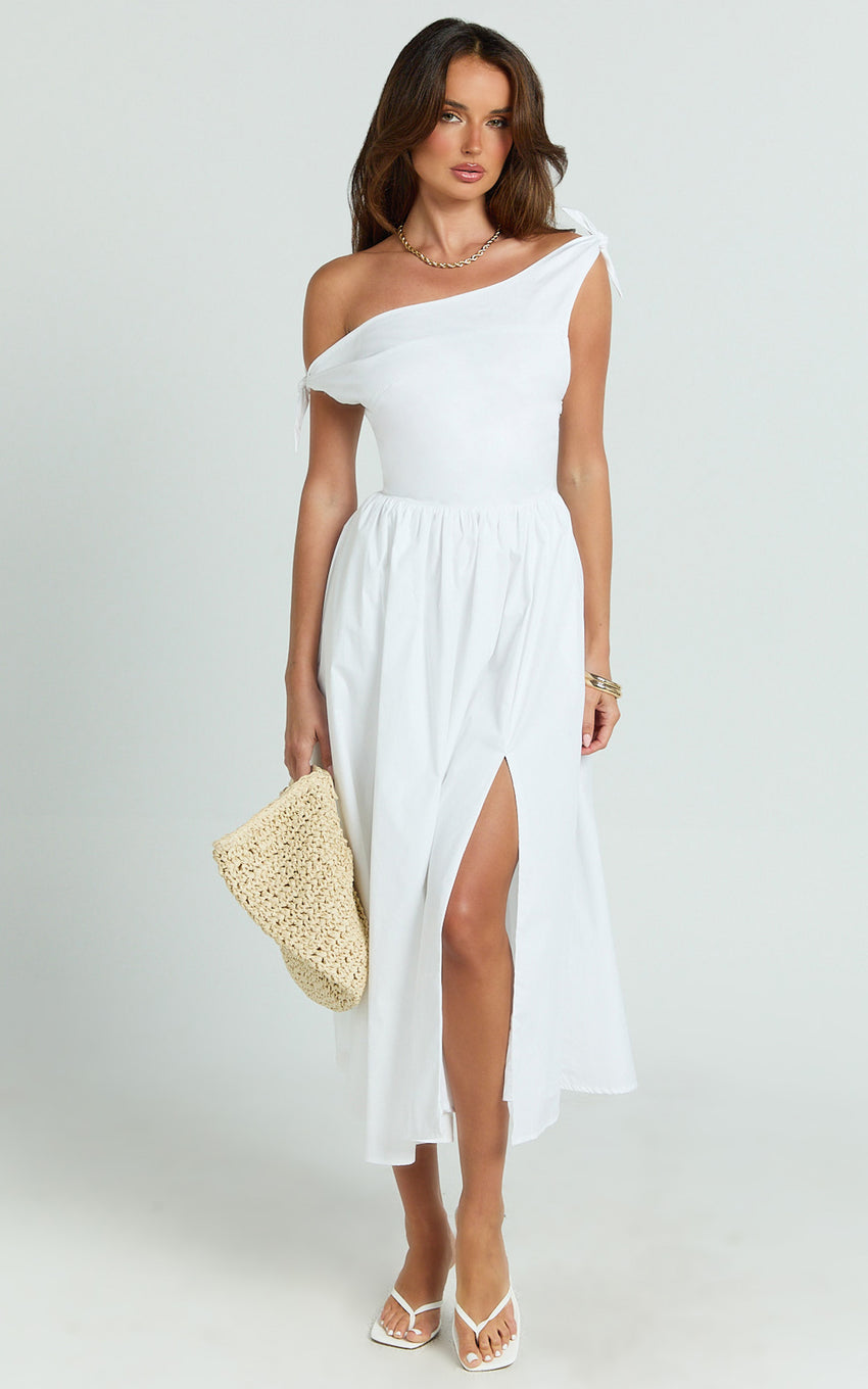 Theadore Midi Dress - Tip Shoulder Fit And Flare Dress in White