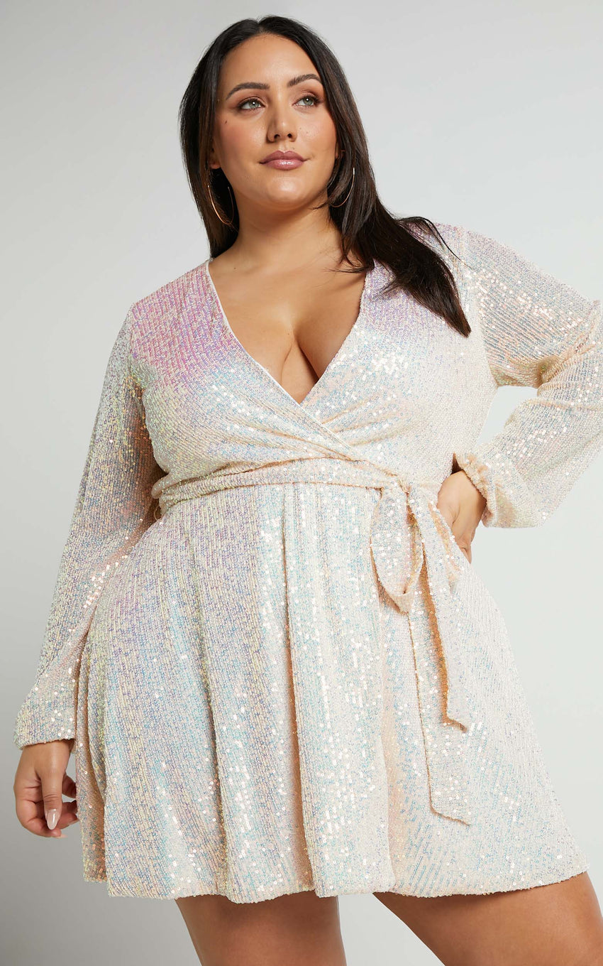 Three Of Us Mini Dress - Long Sleeve Wrap Dress in White Sequin