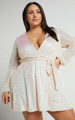 Three Of Us Mini Dress - Long Sleeve Wrap Dress in White Sequin