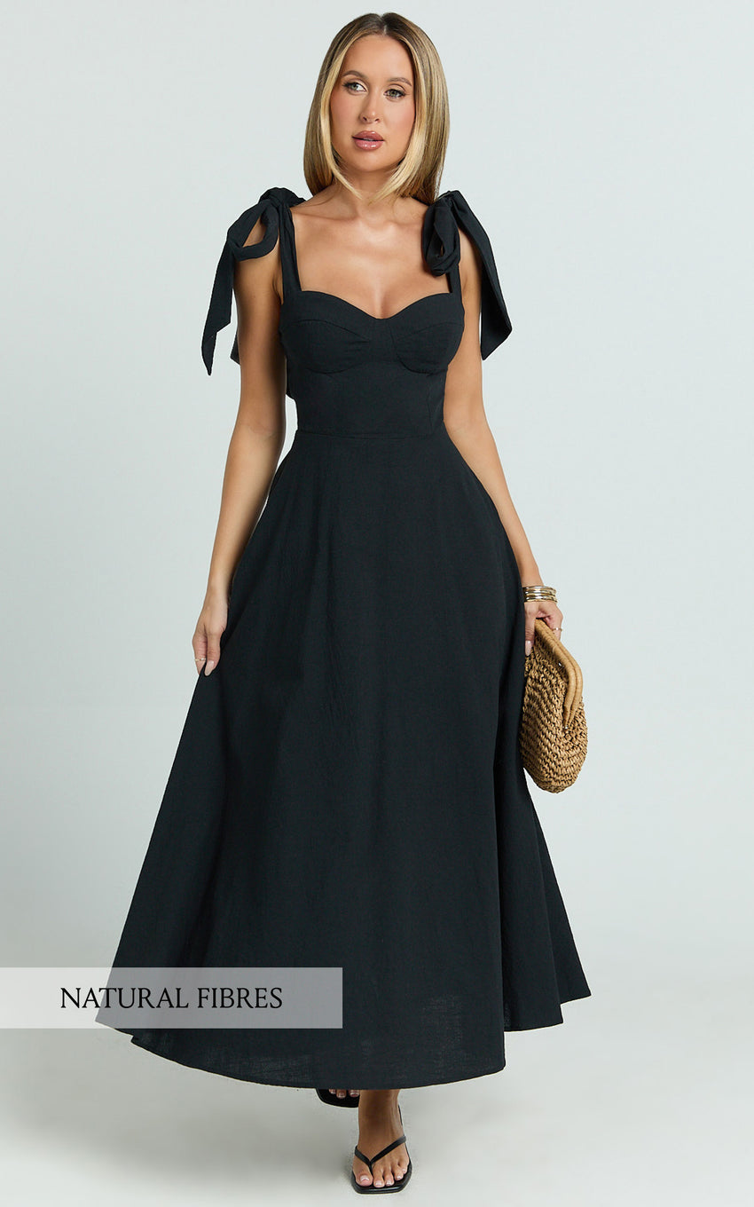 Tymia Midi Dress - Shoulder Tie Bustier Shirred Back A Line in Black