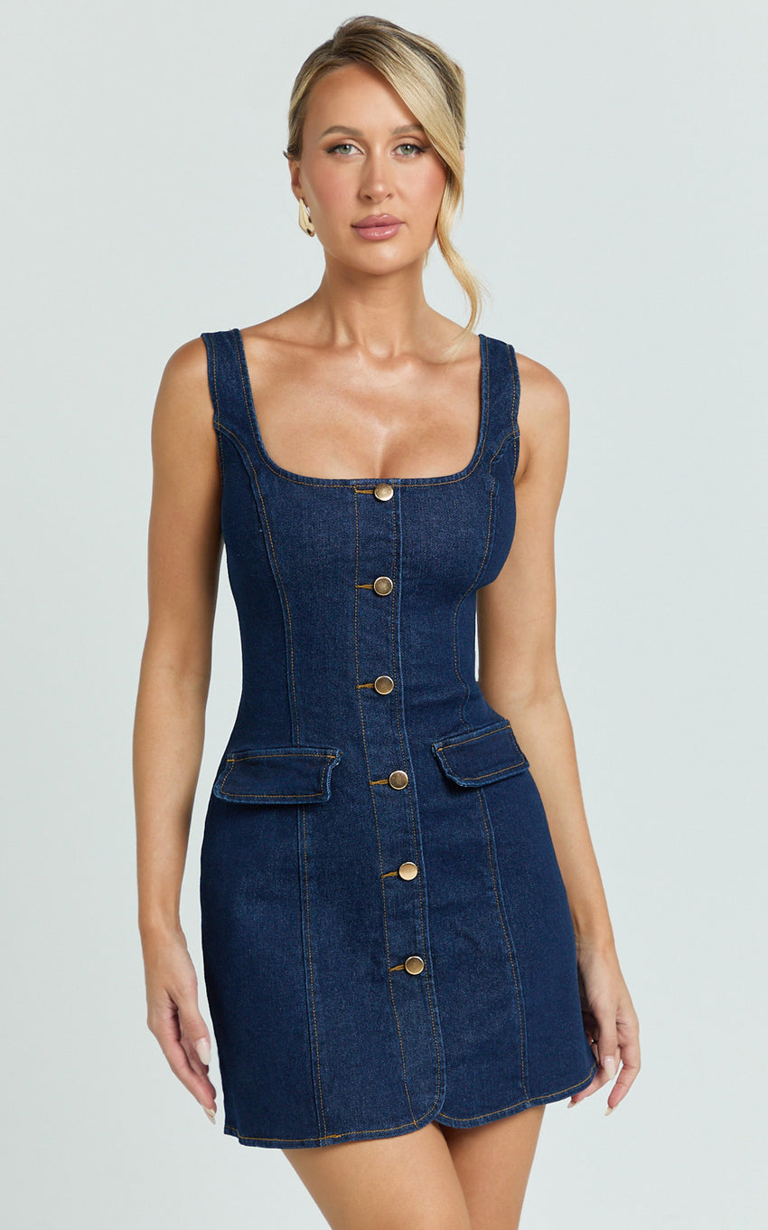 Valentina Mini Dress - Square Neck Button Down Denim Dress in Dark Blue Wash