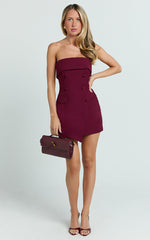 Veronica Mini Dress - Strapless Collared Tailored Bodycon Dress in Wine