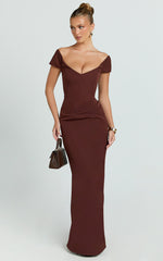Veronika Maxi Dress - Off Shoulder Plunge High Split Dress in Chocolate