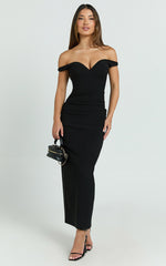 Vinnie Midi Dress - Off Shoulder Bustier Side Tuck Fitted Dress in Black