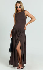 Vivette Maxi Dress - High Neck Drop Waist Gathered Full Skirt Jersey Dress in Chocolate