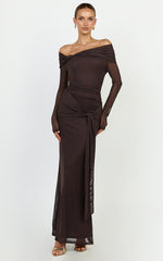 Waverly Maxi Dress - Long Sleeve Off Shoulder Dress in Chocolate