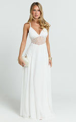 Ysolde Maxi Dress - V Neck Low Back Fit And Flare Dress in White